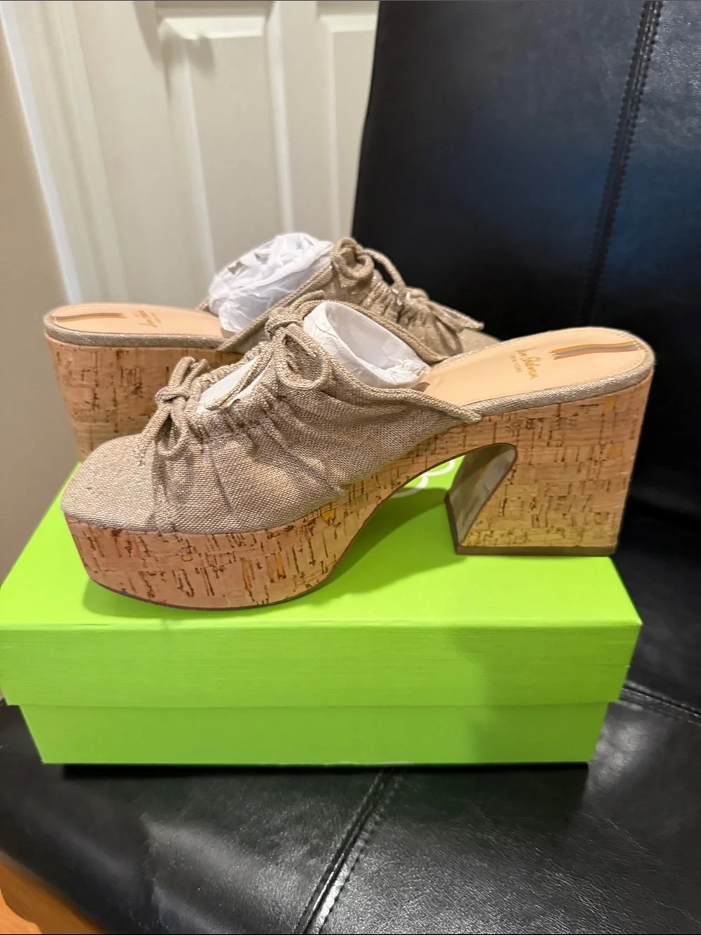 Sam Edelman Natural Beige Ruched Platform Mules with Cork Heel 8.5
